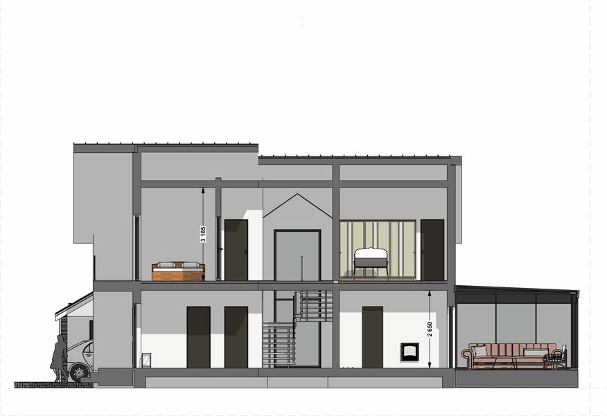 Проект каркасного дома Атрякле, 292 кв.м. 
4 спальни, 3 санузла, 1 терраса, 1 кабинет, 1 лоджия, 1 сауна
